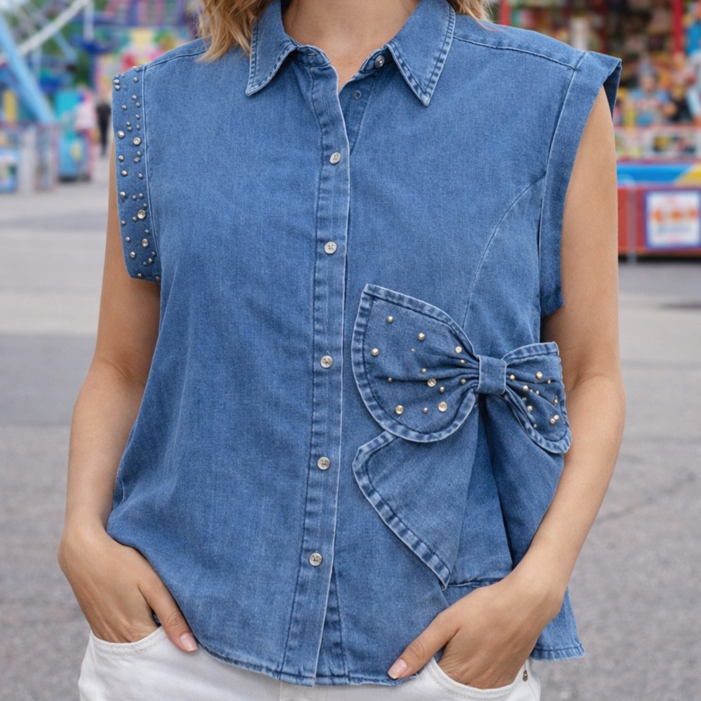 Blue Denim Short Sleeve Shirt with Bow Detail